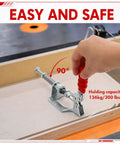 12 Pack 302F Toggle Clamps 300 Pound Heavy Duty Push Pull Hold Down For Woodworking With 180 Degree Swivel Handle Knockout Grip in use with red grip