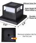 Diagram of 4 Pack Solar Post Lights, 20 Lumen Warm White SMD LED Cap Lights with dimensions and features shown.