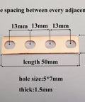 Top Shelf 16 Piece Purple Copper Battery Bus Bar Connection Plates For 5.5 6.2 And 6.9 Ah Lithium Cells showing dimensions and hole spacing.