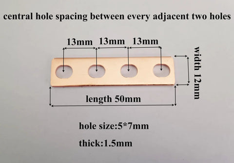 Top Shelf 16 Piece Purple Copper Battery Bus Bar Connection Plates For 5.5 6.2 And 6.9 Ah Lithium Cells showing dimensions and hole spacing.