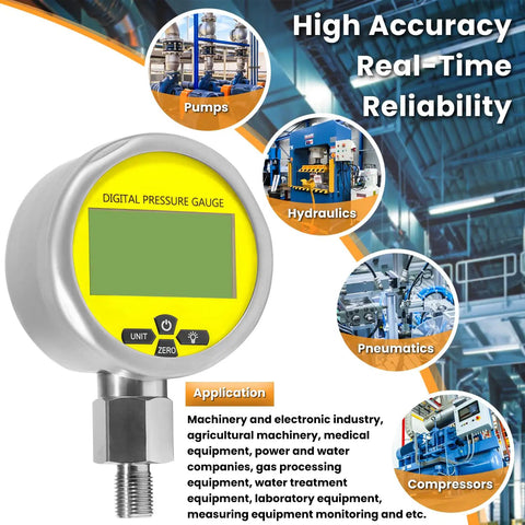 Heavy Duty 10000 PSI Digital Hydraulic Pressure Test Kit With Gauge, shown in use with pumps, hydraulics, and compressors.
