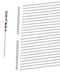 Front view of Lobergel 8-32in M4 threaded rod set: 24 rods, 24 stainless hex nuts; beaded garden stake on left