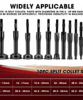 10 split collets in 16-Piece Blind Hole Collet Bearing Race And Seal Puller Kit, sizes from 5-59 mm, shown with screw adapters, red background
