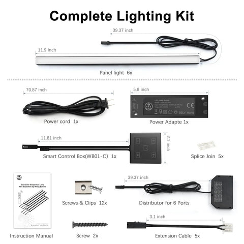 Complete lighting kit for Six Pack Under Cabinet Lighting With Touch Control LED Light Bars, includes power cord, adapter, and control box.