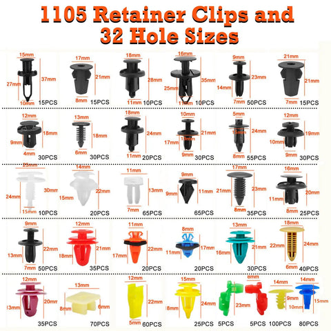 Image of 32 types of retainer clips with sizes for Universal Car Retainer Clips And Fasteners Kit, 1240Pcs, nylon materials.