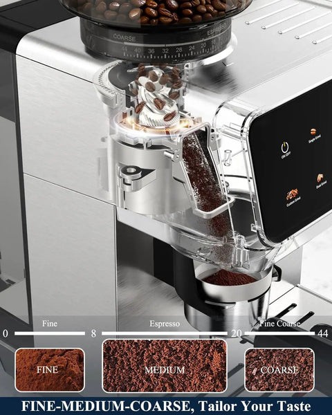Twenty Bar Bean To Cup Espresso Machine With Built In Conical Burr Grinder delivering precision grind settings and touchscreen features.