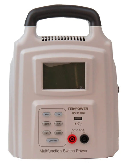 Front view of 2 In 1 Adjustable DC Power Supply And Battery Charger 0 To 30V 0 To 10A with 5V USB output, large LCD display.