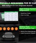 Premium EV And Hybrid Diagnostic Scanner For High Voltage Systems And Offline Battery Pack Tests With Bi Directional Controls Plus Forty Six Rapid Service Resets To Knock Out Check Engine Lights Fast showing diagnostic interface and battery test features.