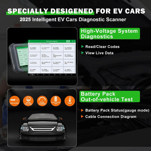 Premium EV And Hybrid Diagnostic Scanner For High Voltage Systems And Offline Battery Pack Tests With Bi Directional Controls Plus Forty Six Rapid Service Resets To Knock Out Check Engine Lights Fast showing diagnostic interface and battery test features.