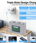Triple slot charger with LCD for Beefy Mini 2 Series Intelligent Flight Battery 2 Pack 2400mAh on table with power source