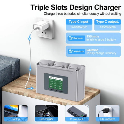 Triple slot charger with LCD for Beefy Mini 2 Series Intelligent Flight Battery 2 Pack 2400mAh on table with power source