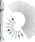 57 Piece Micro Drill Bits And Pin Vise Set For Resin Beads Polymer Clay Craft DIY Jewelry And Model Making Includes 46 Hand Twist Drills And 10 PCB Mini Cutting Bits For Pro Grade Precision Crafting displayed in a circular arrangement with a silver pin vise on the side.