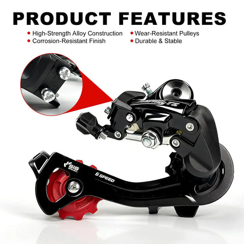 Rear Derailleur Tourney RD TZ500 Six Seven Speed Direct Mount, showcasing steel body and guide wheel, product features displayed.