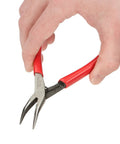 Hand holding Super Handy Mini Forty Five Degree Long Nose Pliers Built To Reach Around Obstructions with red grips and bent tip