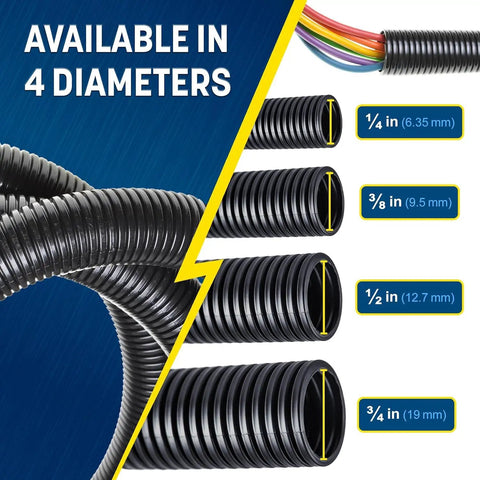 Half Inch By Twenty Five Foot Split Wire Loom Tubing For Industrial And Automotive Wires in four available diameters