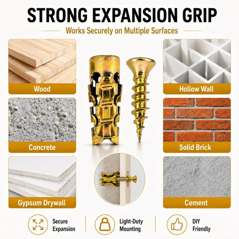 6x14mm Short Expansion Screw Set For Cabinet Hinges Quick Fix Stops Door Sagging And Wobble Restores Stripped Holes 100 And 200 PC Hole Repair Kit For Wood Tile Stone Expansion Anchors For Secure Wood Ceramic Concrete Surfaces securing wood, hollow wall, concrete, and brick.