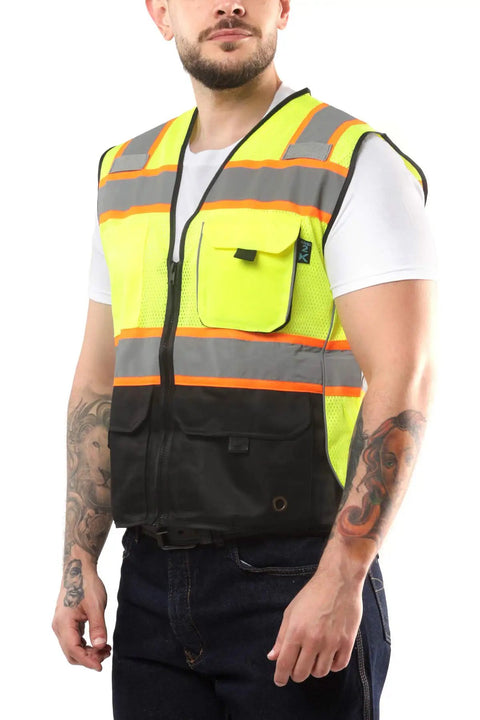 Person wearing Medium High Visibility Safety Vest With Front Pockets Yellow Black Class 2 ANSI ISEA Approved Reflective Tape.