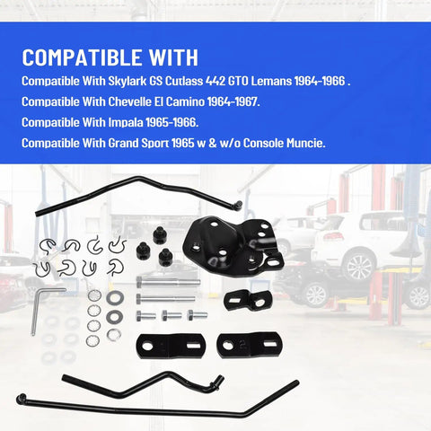 4-Speed Shifter Linkage Kit For Muncie Manual Transmission, Fits Classic Chevy Buick Oldsmobile Pontiac Models, Replaces 3733163, Durable Steel Construction For Smooth, Precise Shifts. shown with steel rods and brackets
