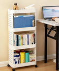 Hella Roomy Rolling Storage Organizer Cart With Smooth Plastic Shelves And Sturdy Rubber Wheels Sweet Beige Utility Shelf Rack with books and snacks.