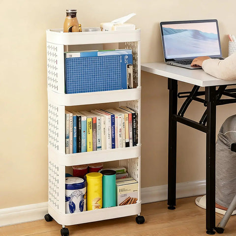 Hella Roomy Rolling Storage Organizer Cart With Smooth Plastic Shelves And Sturdy Rubber Wheels Sweet Beige Utility Shelf Rack with books and snacks.
