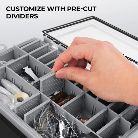 Hand arranging dividers in HyperSeal Waterproof Tackle Box For 3600 And 3700 Trays With Removable Dividers, Lure Box