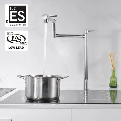 Deck Mount Pot Filler Faucet In Chrome Finish With Extension Shank And 20 Inch Dual Swing Joints Spout For Easy Kitchen Filling No Fuss Effort ICC-ES PMG Certified ASME A112.18.1 CSA B125.1 Compliant, with water filling a pot on a stove.