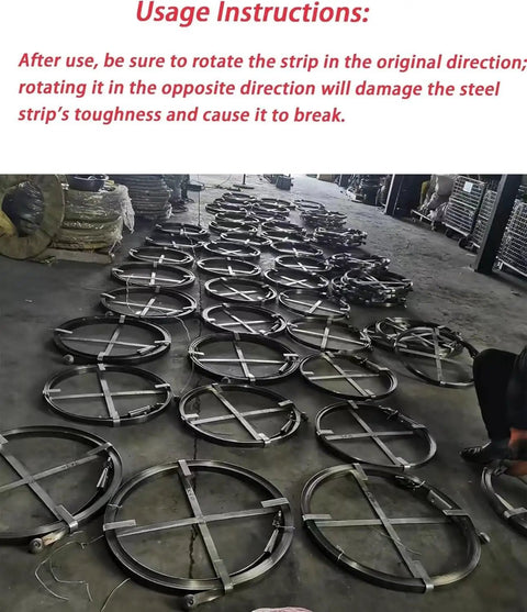 Heavy Duty Steel Tape Drain Snake For Tough Main Sewer Clogs And Grease Buildup Professional Unblock Rod in storage with usage instructions.