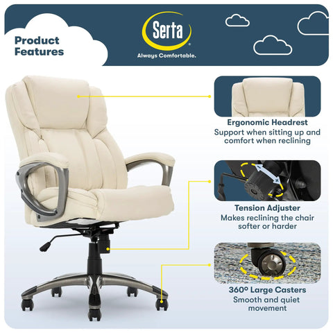 Garret Executive Office Chair With Ergonomic Mid Back And Lumbar Support, semi plush cushion, ergonomic headrest, ivory leather