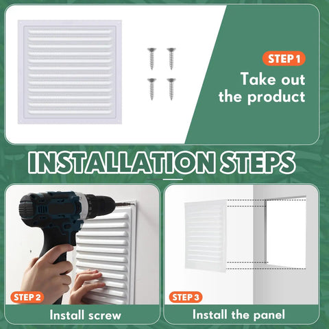 Installation steps for 4 Pack 6X6 Inch Heavy Duty Aluminum Attic And Gable Wall Vents With Mesh Guard For Roof Shed Exhaust.