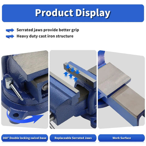 6 Inch Lightweight Bench Vise With 360 Degree Swivel Base For Home DIY Projects Pro Grade Ductile Iron Clamp That Grips Tight Without Slip Space Saving Workbench Vise Built For Durable Hassle Free Tool Work. 360° swivel base and serrated jaws