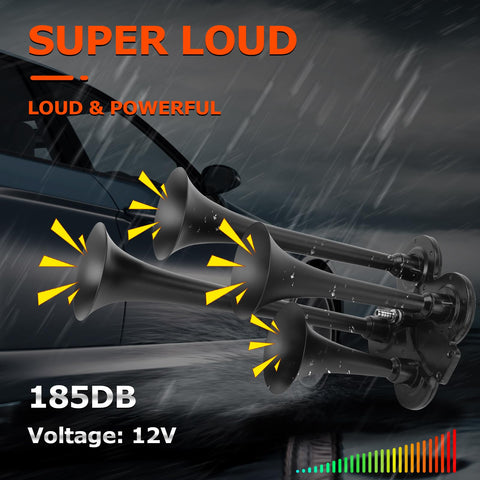 12V Train Air Horn Kit With Four Horns And Compressor 185dB Ultra Loud Vehicle Horn System highlighted by super loud graphics