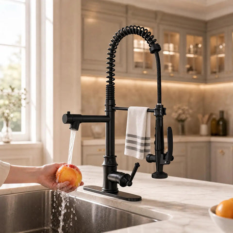 RUMOSE Matte Black Commercial Kitchen Faucets with Pull Down Sprayer in use, rinsing an apple at a kitchen sink.