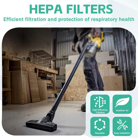 Person using 20V vacuum in workshop, Replacement HEPA Filters For 20V Cordless Handheld Vacuums Easy Swap Washable And Reusable 6 Pack