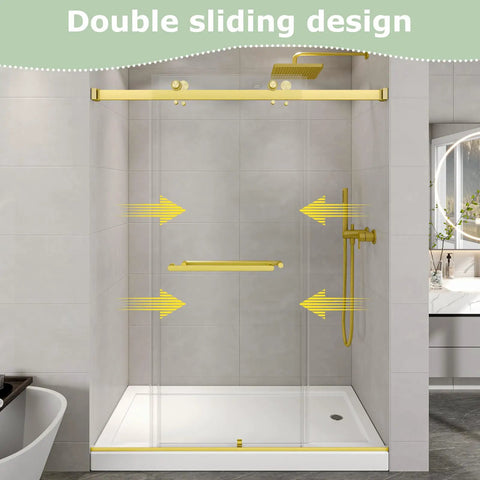 Super Sleek Frameless Double Bypass Sliding Shower Door In Brushed Gold With Adjustable 55 To 60 Inch Width And 76 Inch Height Featuring 5/16 Inch Tempered Glass With Bomb Proof Safety Film For A Totally Smooth Slide Experience, showing double sliding door design