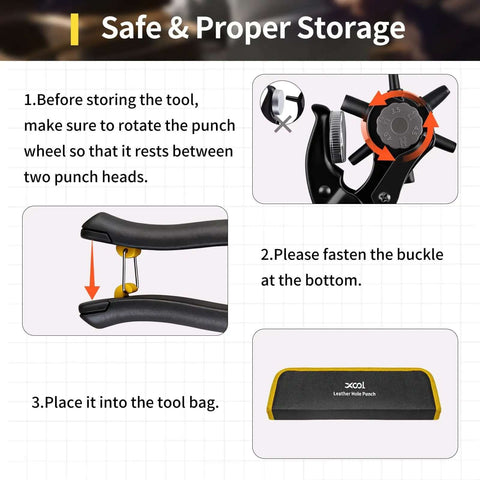 Instruction guide for storing Long Handle Revolving Leather Hole Punch Kit for Belts Watch Bands Straps with tool bag