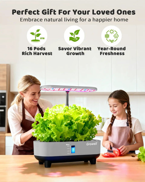 Woman and child using Vertical Hydroponics Growing System With 16 Pods, LED Grow Light, indoors on kitchen counter.