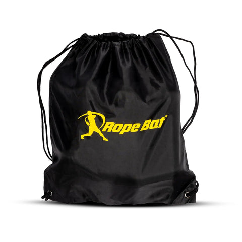 Black drawstring bag with RopeBat logo for Patented Swing Trainer With 12 Soft Training Balls For Baseball And Softball Build Speed Stay Connected Train Full Body Mechanics And Get Instant Swing Feedback With This Durable Batting Aid.
