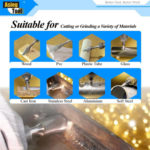 Carbide burrs set, 10 pcs, 1/4 in shank; Asieg Tool tungsten carbide rotary bits for metal/wood, installed in grinder