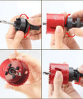 Front view: 7/16 in shank hole saw arbor being mounted onto a drill with a twist-lock collar.
Side view: red large-hole saw attached to black quick-change arbor, ready for use.
Close-up: red hole saw core with sharp teeth and visible internal pilot holes.
Installed view: arbor with hole saw attached, showing locking pins on the arbor.