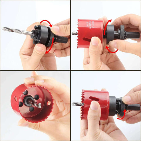 Front view: 7/16 in shank hole saw arbor being mounted onto a drill with a twist-lock collar.
Side view: red large-hole saw attached to black quick-change arbor, ready for use.
Close-up: red hole saw core with sharp teeth and visible internal pilot holes.
Installed view: arbor with hole saw attached, showing locking pins on the arbor.