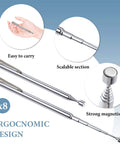 Front view of eight silver telescoping magnetic pickup tools with pocket clips, 25-inch reach