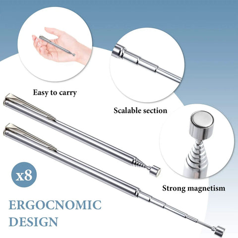 8 Piece Telescoping Magnetic Pick Up Tool Set With Pocket Clip 25 Inch Reach Reacher Grabber For Nuts Nails Screws Bolts Retrieving Magnet Great Gift For Dad Mechanic Handyman Husband In Silver