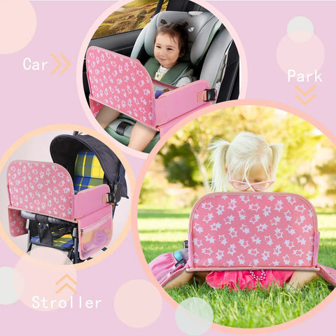 Kids Travel Tray for Car Seat with Ipad Holder and Dry Erase Board Toddler Lap Desk for Road Trips Portable Car Tray with Snack Surface and Activity Tabs Pink in car, stroller and park settings