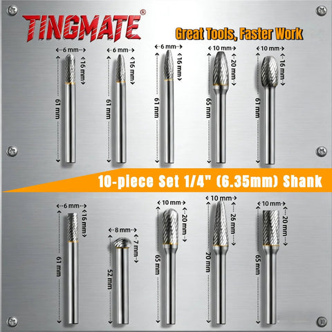 Tingmate 10-piece tungsten carbide burr set with 1/4 in shank, double-cut spiral, for metal/stone woodworking