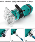 Compact Palm Wood Router Kit With 32000 RPM No Load Speed features close-up of quick release system and dust-proof switch.