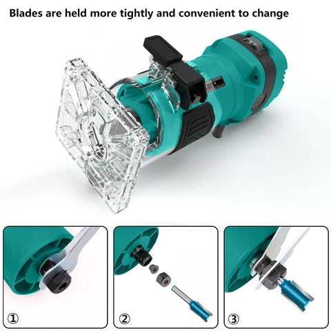 Compact Palm Wood Router Kit With 32000 RPM No Load Speed features close-up of quick release system and dust-proof switch.