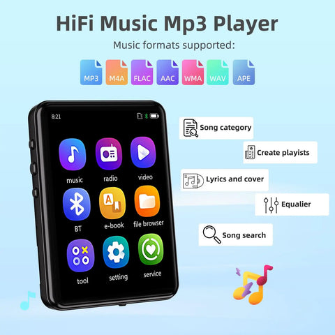 Bluetooth 5.3 MP3 Player With Built In Speaker, Portable Music Player interface showing app icons and music features.