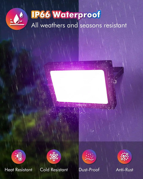 35W RGBW LED Flood Lights 3500LM Outdoor Security Floodlights IP66 Waterproof in rain showcasing weather resistance