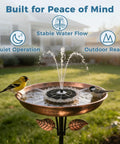 Six Point Three Inch Solar Bird Bath Fountain with Battery and Color Changing LED Lights in garden with birds on rim