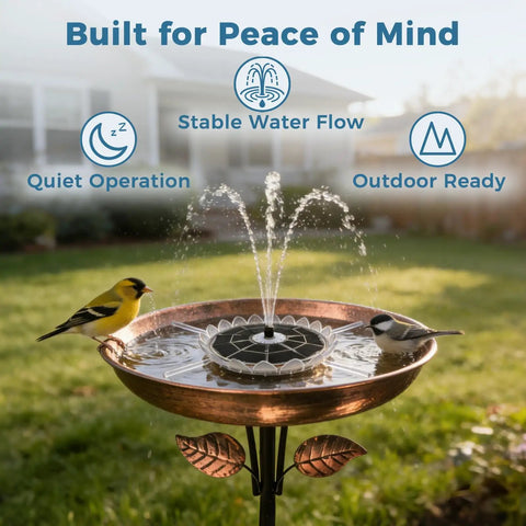 Six Point Three Inch Solar Bird Bath Fountain with Battery and Color Changing LED Lights in garden with birds on rim